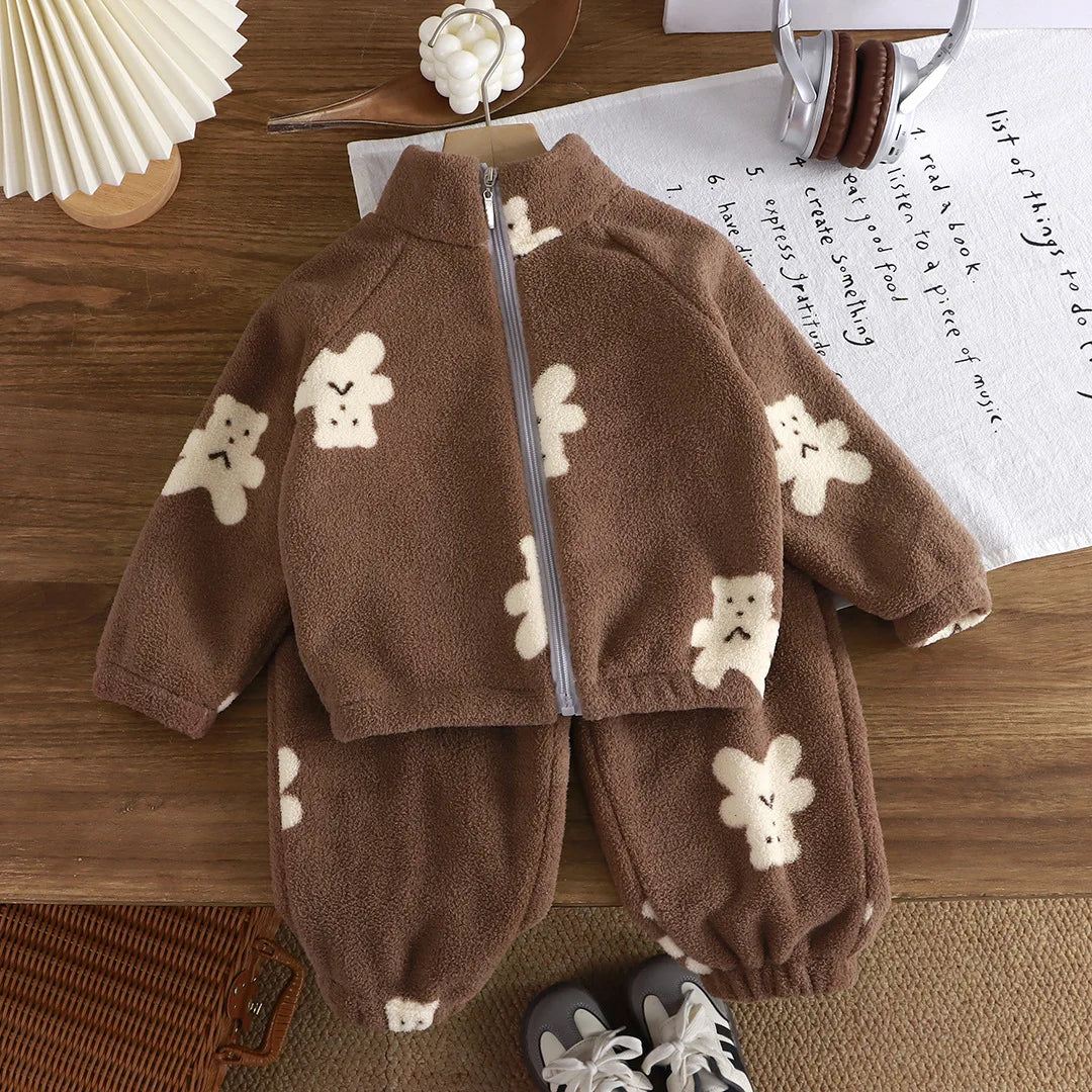 Children's fleece suit autumn and winter thickened fleece cotton suit Warm home clothes for boy and girl Simple children sportsw