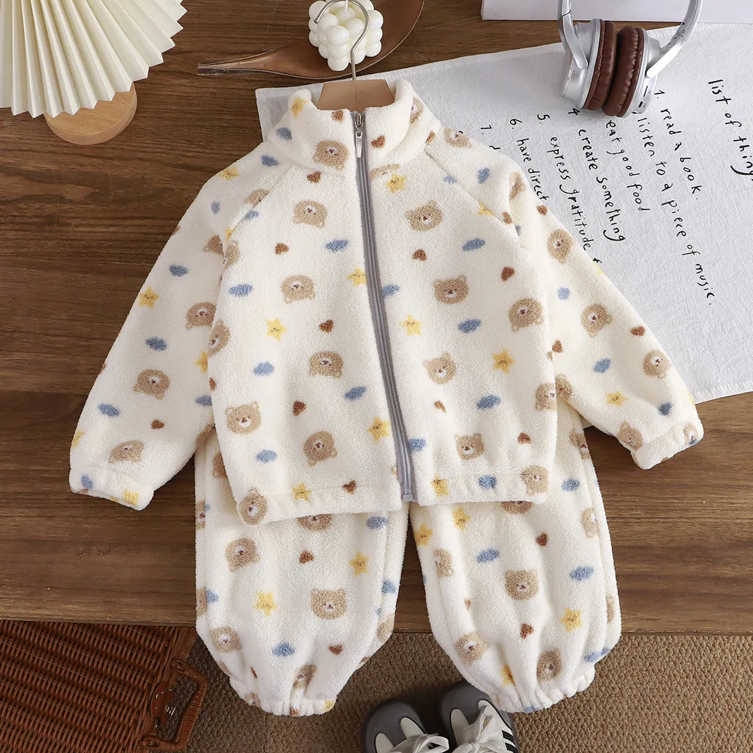 Children's fleece suit autumn and winter thickened fleece cotton suit Warm home clothes for boy and girl Simple children sportsw