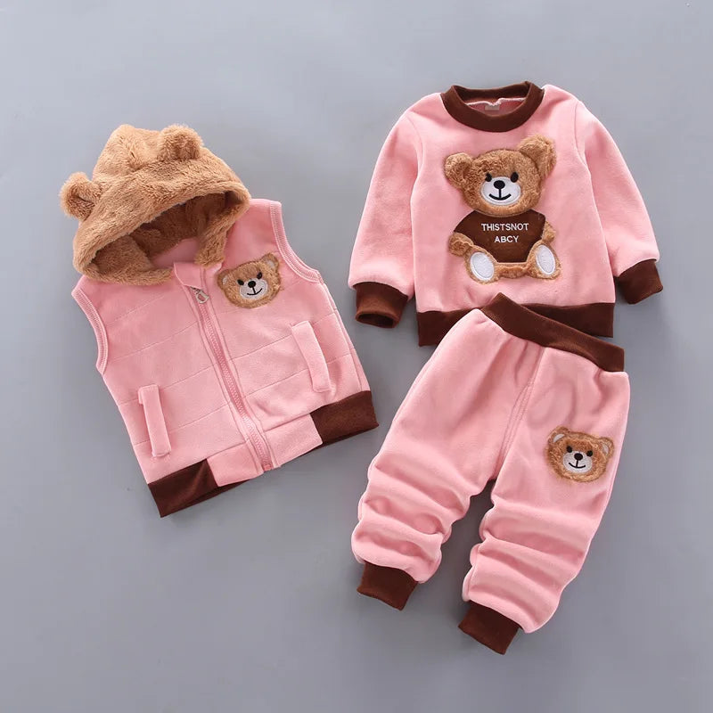 2023 Winter Baby Boy Clothes Sets Autumn Cotton Thick Warm Hooded Sweater Cartoon Cute Bear Three-Piece Baby Girl Suit 0-5Y