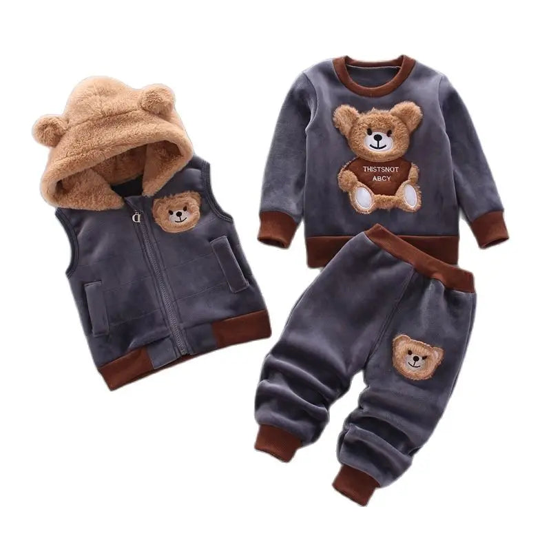 2023 Winter Baby Boy Clothes Sets Autumn Cotton Thick Warm Hooded Sweater Cartoon Cute Bear Three-Piece Baby Girl Suit 0-5Y