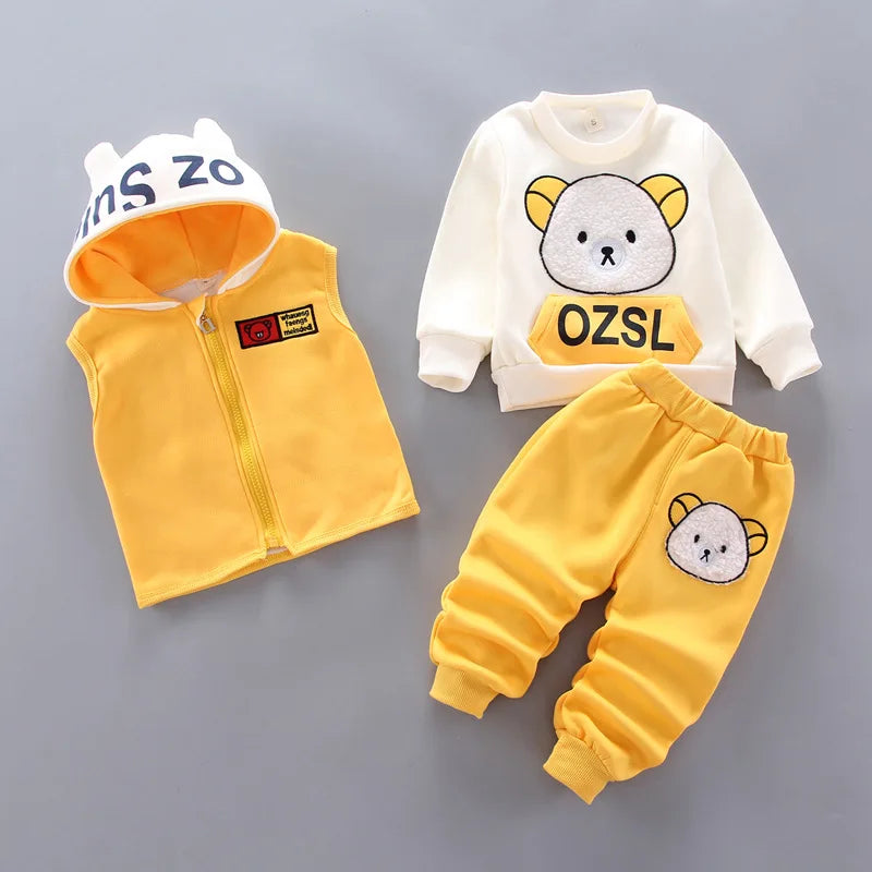 2023 Winter Baby Boy Clothes Sets Autumn Cotton Thick Warm Hooded Sweater Cartoon Cute Bear Three-Piece Baby Girl Suit 0-5Y