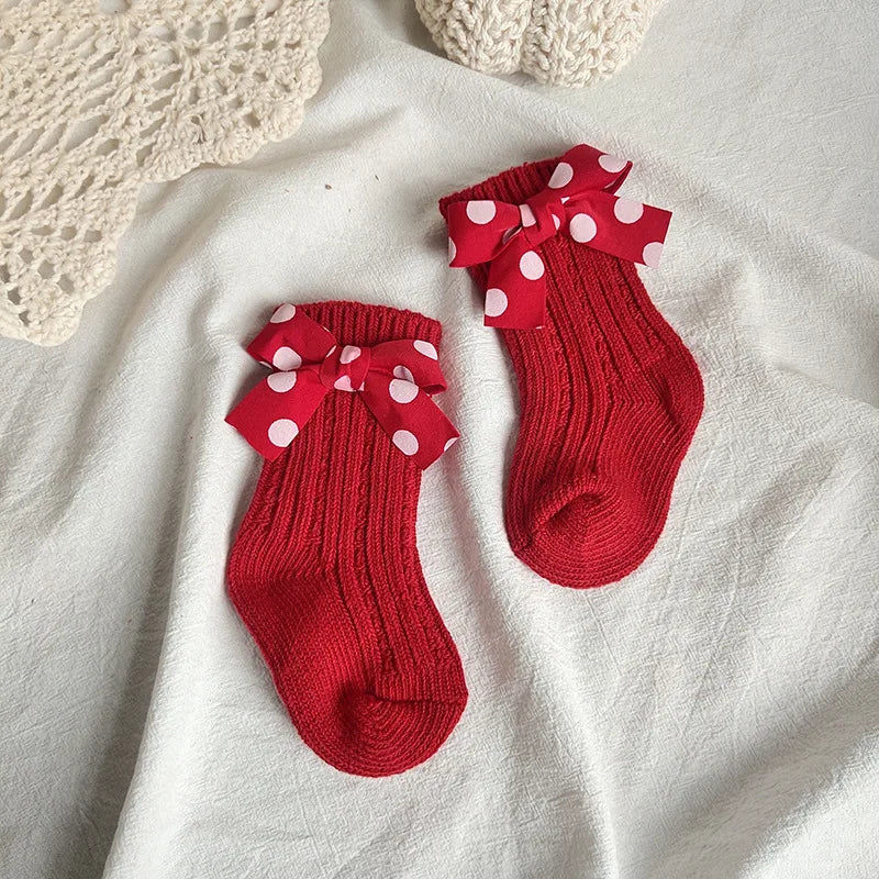 Winter Kids Socks Thick Knitted Girls Ankle Socks Red Big Bows Warm Cotton Children Socks Toddlers Infants Boot Socks 0-5Years