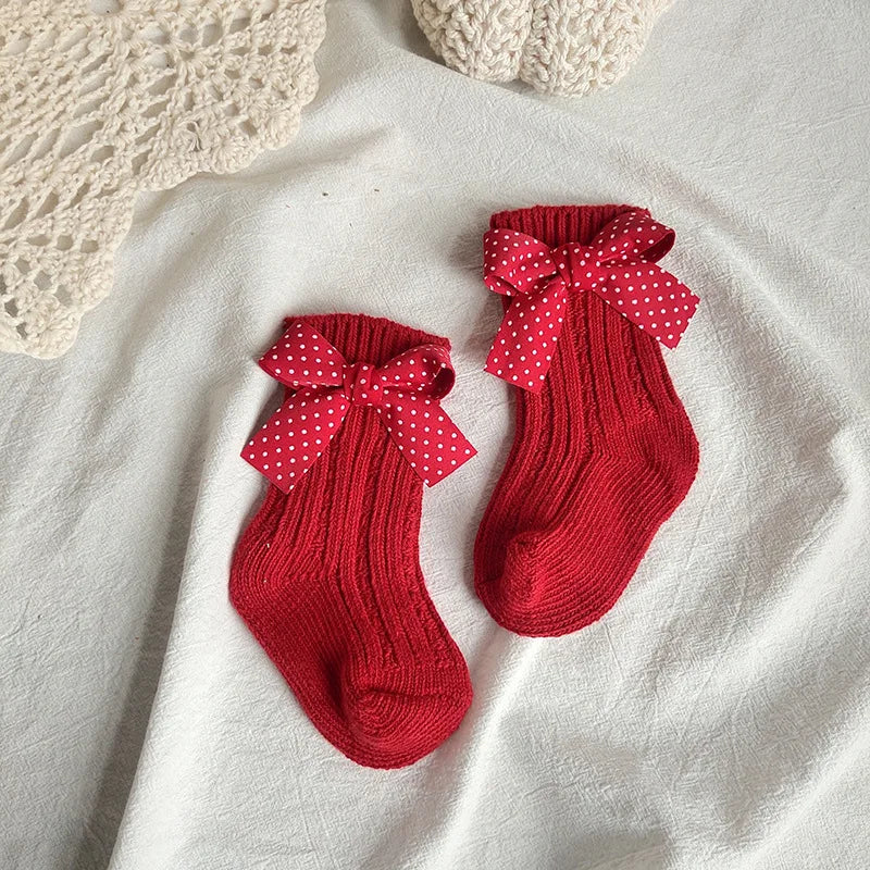 Winter Kids Socks Thick Knitted Girls Ankle Socks Red Big Bows Warm Cotton Children Socks Toddlers Infants Boot Socks 0-5Years