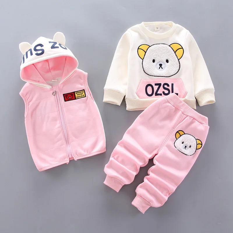 2023 Winter Baby Boy Clothes Sets Autumn Cotton Thick Warm Hooded Sweater Cartoon Cute Bear Three-Piece Baby Girl Suit 0-5Y