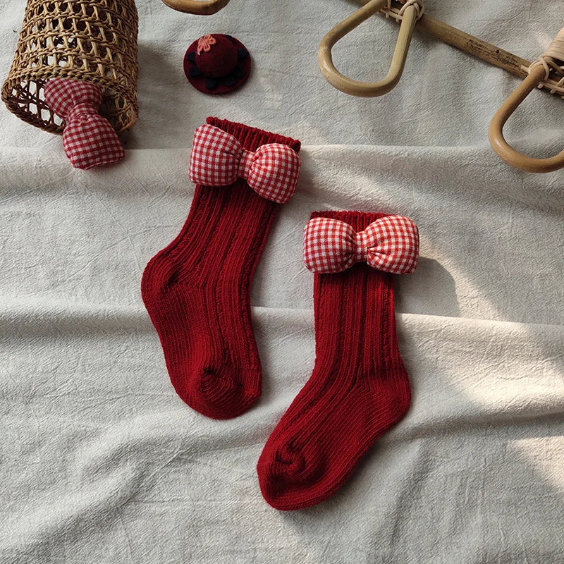 Winter Kids Socks Thick Knitted Girls Ankle Socks Red Big Bows Warm Cotton Children Socks Toddlers Infants Boot Socks 0-5Years