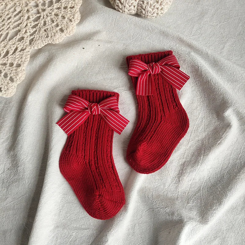 Winter Kids Socks Thick Knitted Girls Ankle Socks Red Big Bows Warm Cotton Children Socks Toddlers Infants Boot Socks 0-5Years