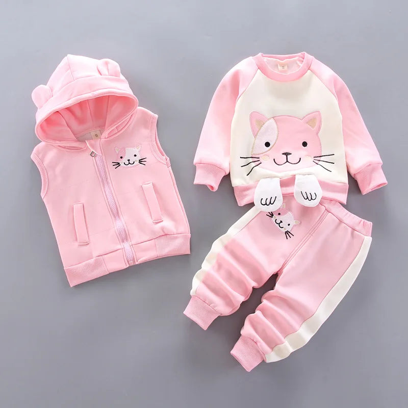 2023 Winter Baby Boy Clothes Sets Autumn Cotton Thick Warm Hooded Sweater Cartoon Cute Bear Three-Piece Baby Girl Suit 0-5Y
