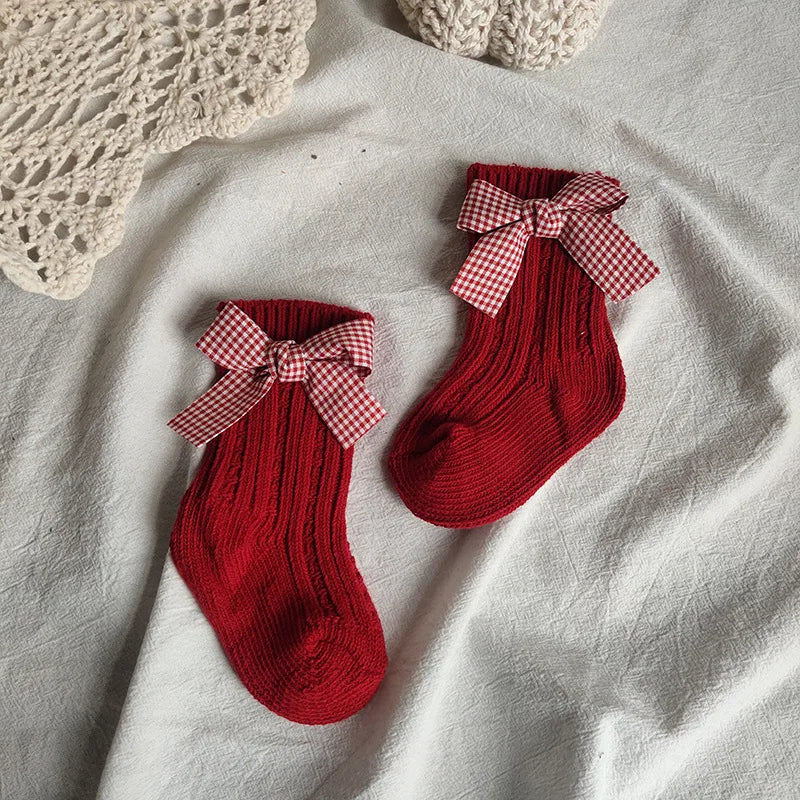 Winter Kids Socks Thick Knitted Girls Ankle Socks Red Big Bows Warm Cotton Children Socks Toddlers Infants Boot Socks 0-5Years