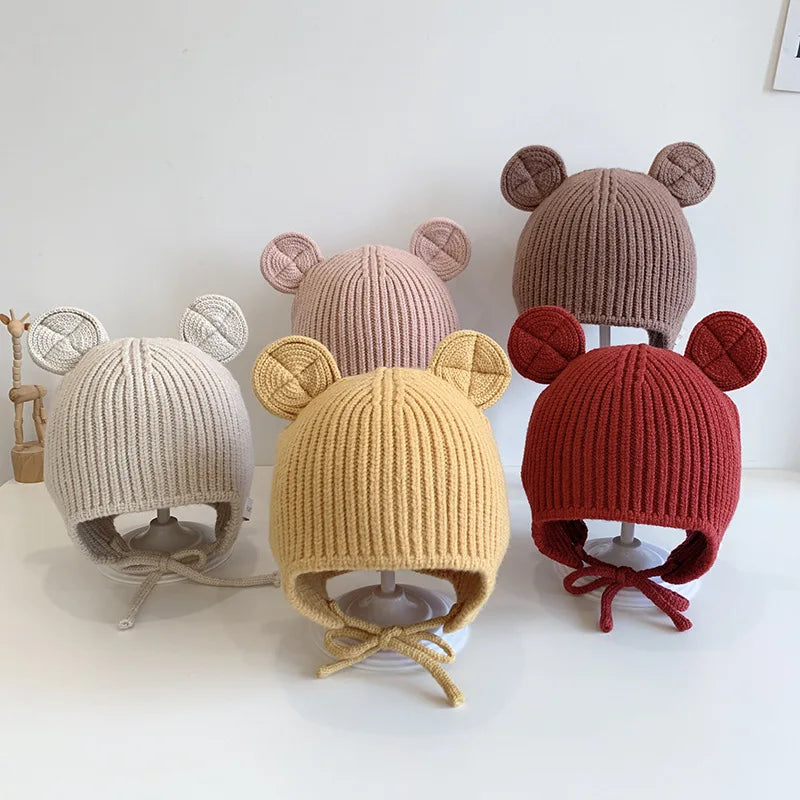 Bear Baby Ear Protection Woolen Cap Solid Color Toddler Beanie Children Knitted Hat 1-4 Years Boy Girl Kids Winter Warm Headgear