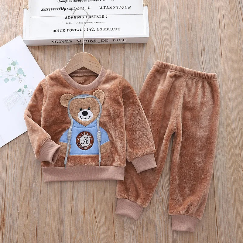 2023 Winter Baby Boy Clothes Sets Autumn Cotton Thick Warm Hooded Sweater Cartoon Cute Bear Three-Piece Baby Girl Suit 0-5Y