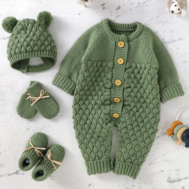 0-24M Newborn Baby Romper Shoes Gloves Set Knit Girl Boy Jumpsuit Boot Mitten Solid Toddler Infant Long Sleeve Knit Clothing