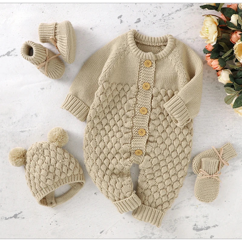 0-24M Newborn Baby Romper Shoes Gloves Set Knit Girl Boy Jumpsuit Boot Mitten Solid Toddler Infant Long Sleeve Knit Clothing