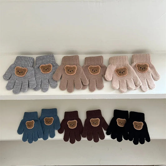 3-7Y Baby Cartoon Bear Mittens Winter Warm Kids Girl Solid Doll Gloves Knitted Children Toddler Thick Teething Mitten Handschoen