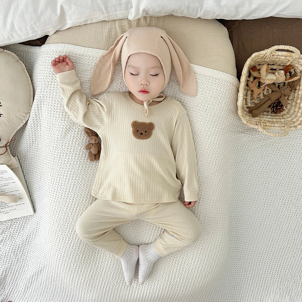 MILANCEL 2Pcs Baby Pajamas Long Johns Suit 0-3Y 2024 Autumn Infant Boys Cartoon Bear Home Clothes Underwear Set Girls Sleepwear