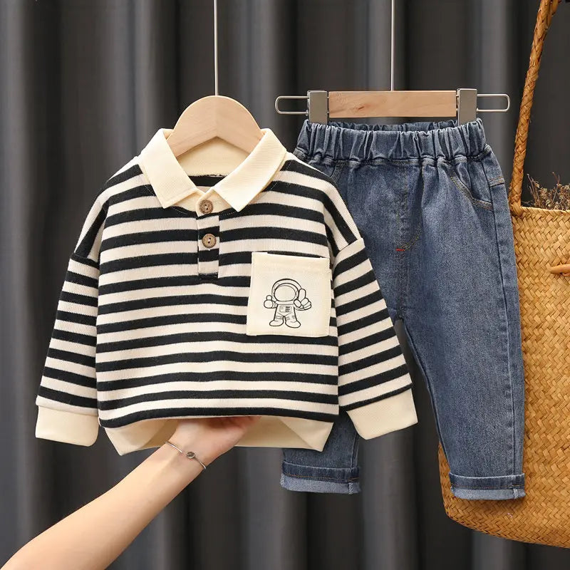 New Spring Autumn Kids Boys Clothes Strips Hoodies Jeans 2Pcs/Set Outfit Infant Kids Sport Casual Clothing Tracksuits 0-5 Years