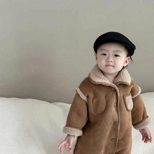 Baby boys and girls fashion Winter Reversible Lamb wool bodysuits 0-3 years infants warm thick jumpsuits