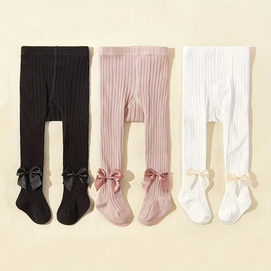 3pcs Baby Girl'S Solid Color Ribbed Knit Tights with Bow Accents Autumn/Winter Infant Leggings, Baby Girl Outfit, Playful Bow
