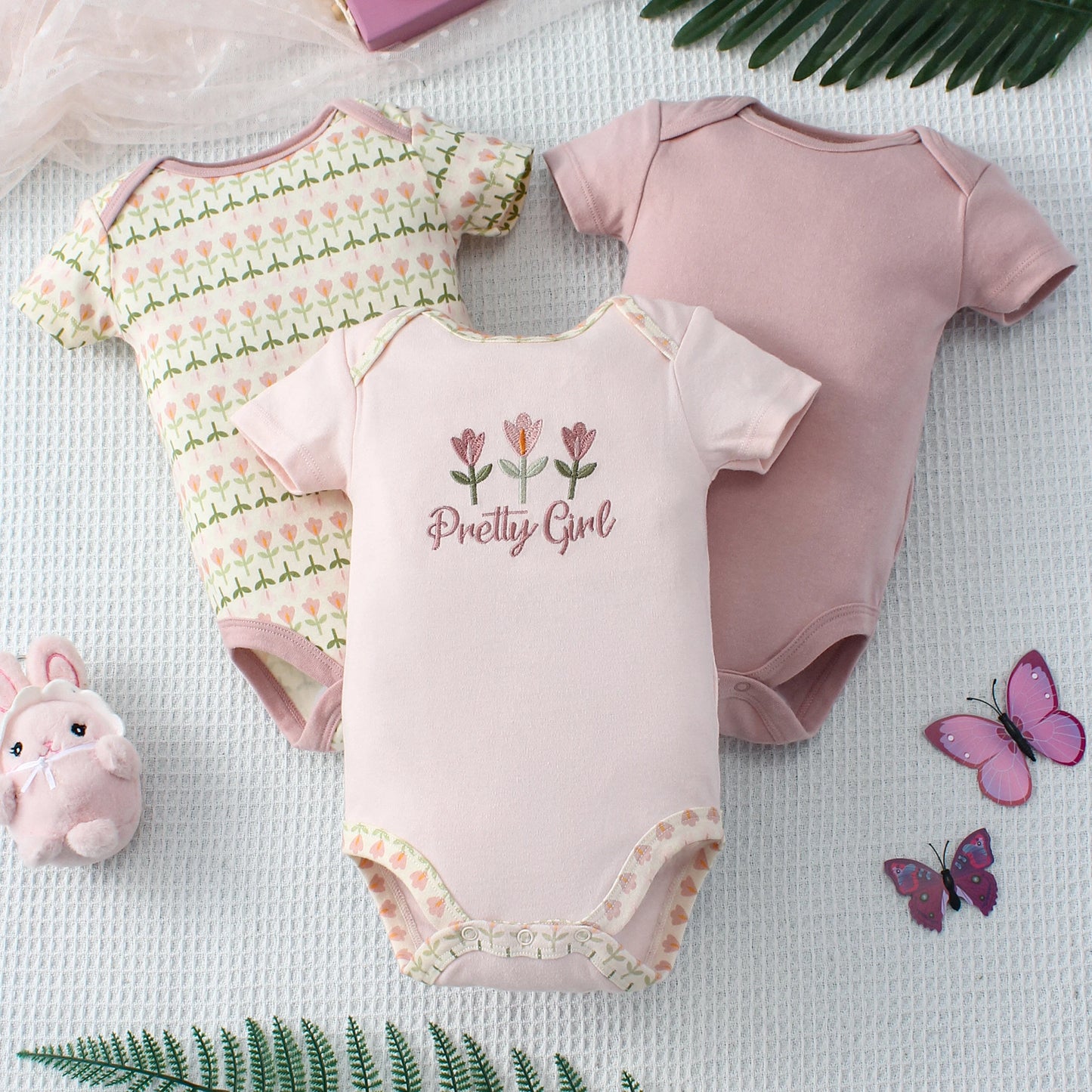  3PCS Summer Baby Girls Three Piece Bodysuit  Animal Kingdom and Elephant Letter Pattern Short Sleeve Bodysuit Mother's Day Gif