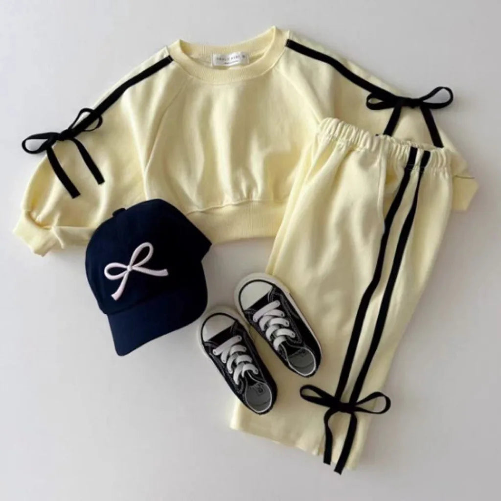 2025 Spring New Children Long Sleeve Sports Set Baby Girl Cute Bow Sweatshirt + Pants 2pcs Suit Toddler Versatile Casual Outfits