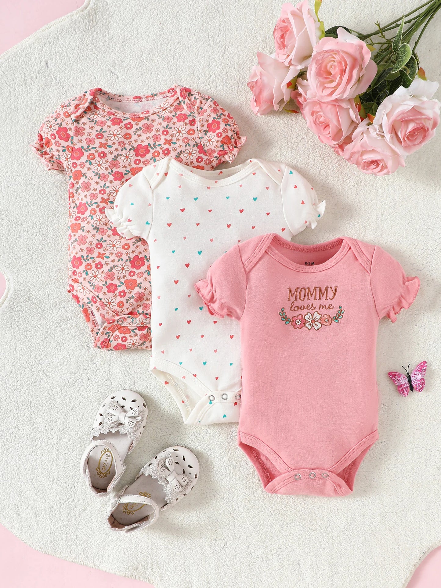  3PCS Summer Baby Girls Three Piece Bodysuit  Animal Kingdom and Elephant Letter Pattern Short Sleeve Bodysuit Mother's Day Gif