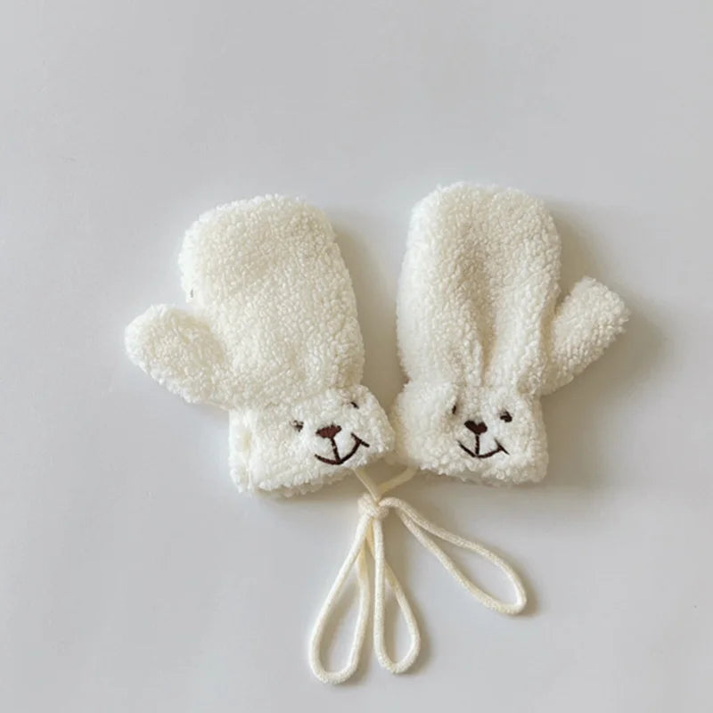 1-4Y Baby Cartoon Bear Label Mittens Winter Warm Kids Girls Gloves Soft Fur Children Toddler Thick Child Fleece Cartoon Mittens