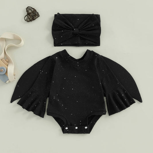 Toddler Baby Girl Bat Costumes Glitter Batwing Long Sleeve Romper with Bow Headband 2 Piece Halloween Outfit