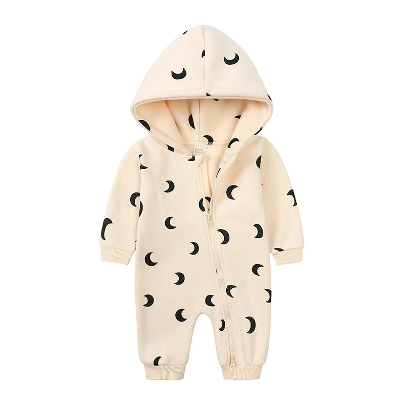 2025 Infant Baby Boys Girls Print Romper Newborn Cotton Fleece Hooded Jumpsuit Toddler Warm Cute Bodysuit Costume For 0-24M