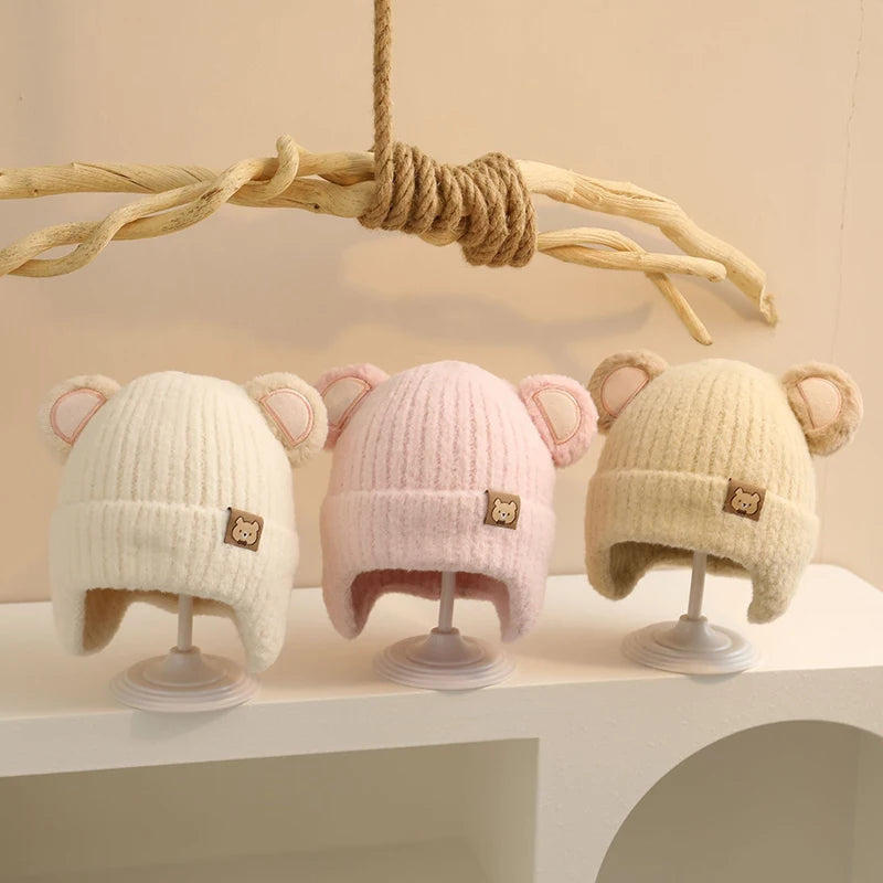 Cute Bear Baby Earmuffs Cap Winter Warm Kids Plush Pullover Hat 6-36Month Toddler Beanies Thicken Velvet Children Crochet Bonnet