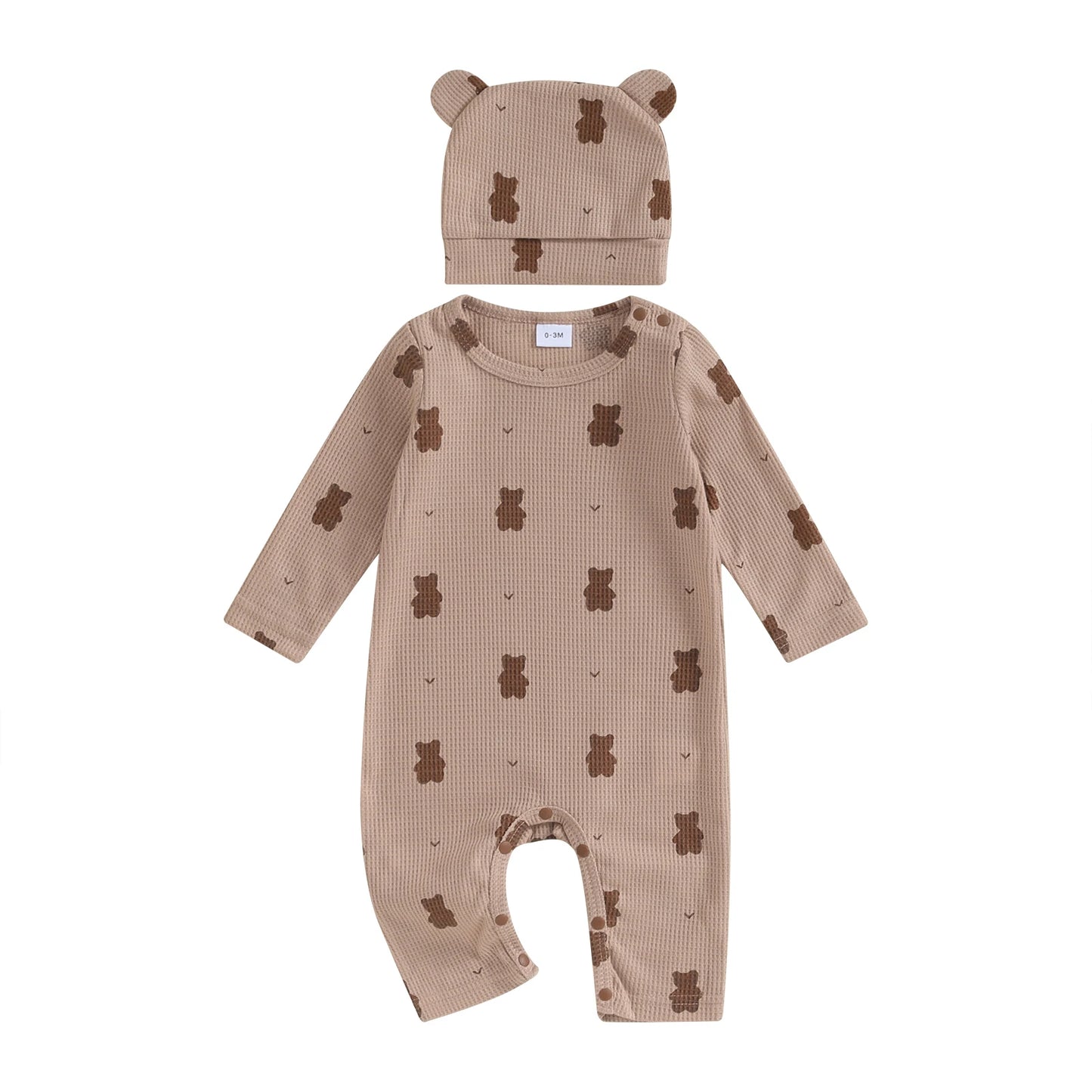 Pudcoco Newborn Baby Girls Boys Rompers Infant Clothes Bear Print Crew Neck Long Sleeve Toddler Fall Jumpsuits with Hat 0-18M