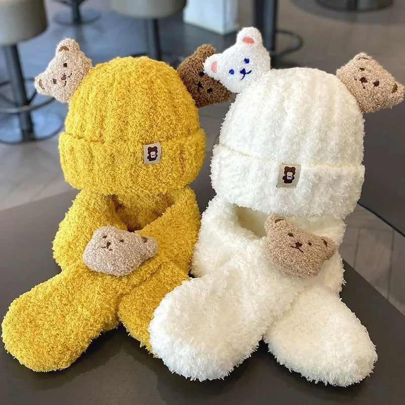 Winter Baby Plush Hat Scarf Set Cartoon Bear Beanies Warm Velvet Infant Neckerchief 6-24Month Kids Ear Protection Pullover Cap
