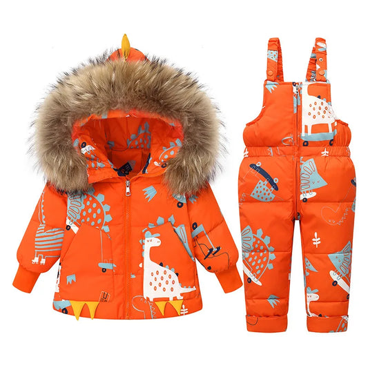 Children Winter Warm Down Jacket Parka Boy Baby Overalls toddler Girl Clothes Kids dinosaur Clothing Set Hooded Coat Snowsuit