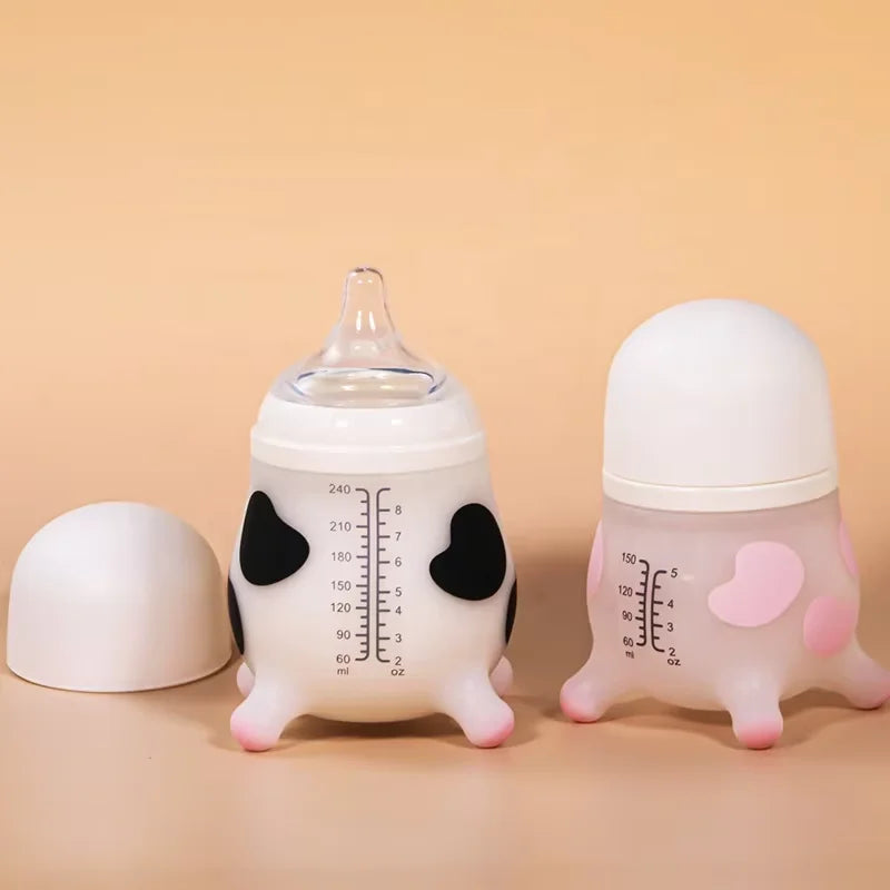 2 PCS Baby Milk Bottle 150/240ml Silicone Bottle Cute Cow Shape 5cm Wide Neck Pacifier Baby Bottles 100% Food Grade Silicone