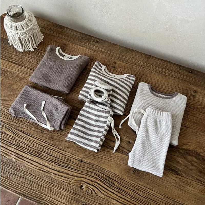 Autumn New Baby Long Sleeve Clothes Set Boys Girls Loose Waffle Tops + Pants 2pcs Suit Infant Toddler Casual Sweatshirt Outfits