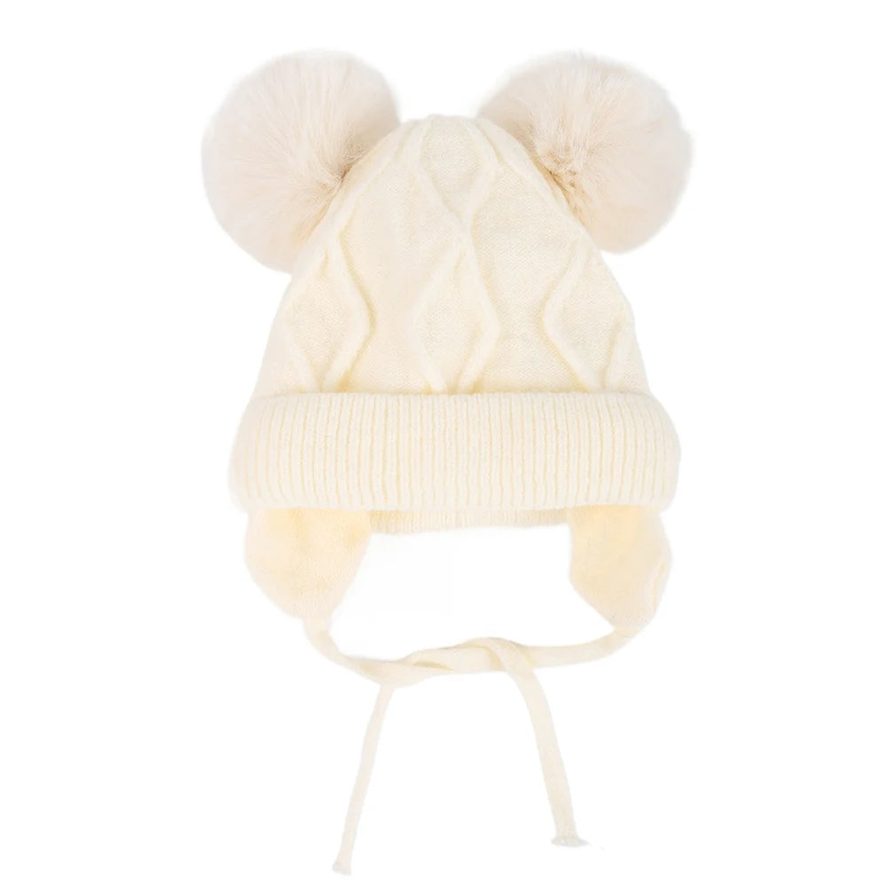New Autumn Winter Double Ball Knitted Baby Hat for Girls Boys Baby Straps Bonnet with Earmuffs Outdoor Kids Ear Protection Hat