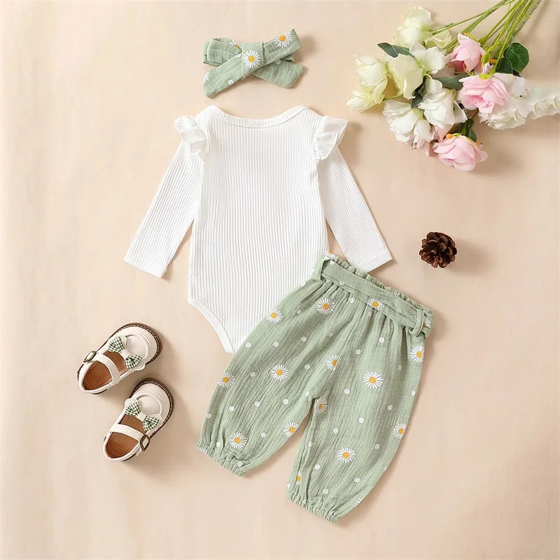 Spring Infant Baby Girls Pants Sets White Long Sleeve Ruffle Romper Daisy Print Belted Pants Headband Autumn Sets