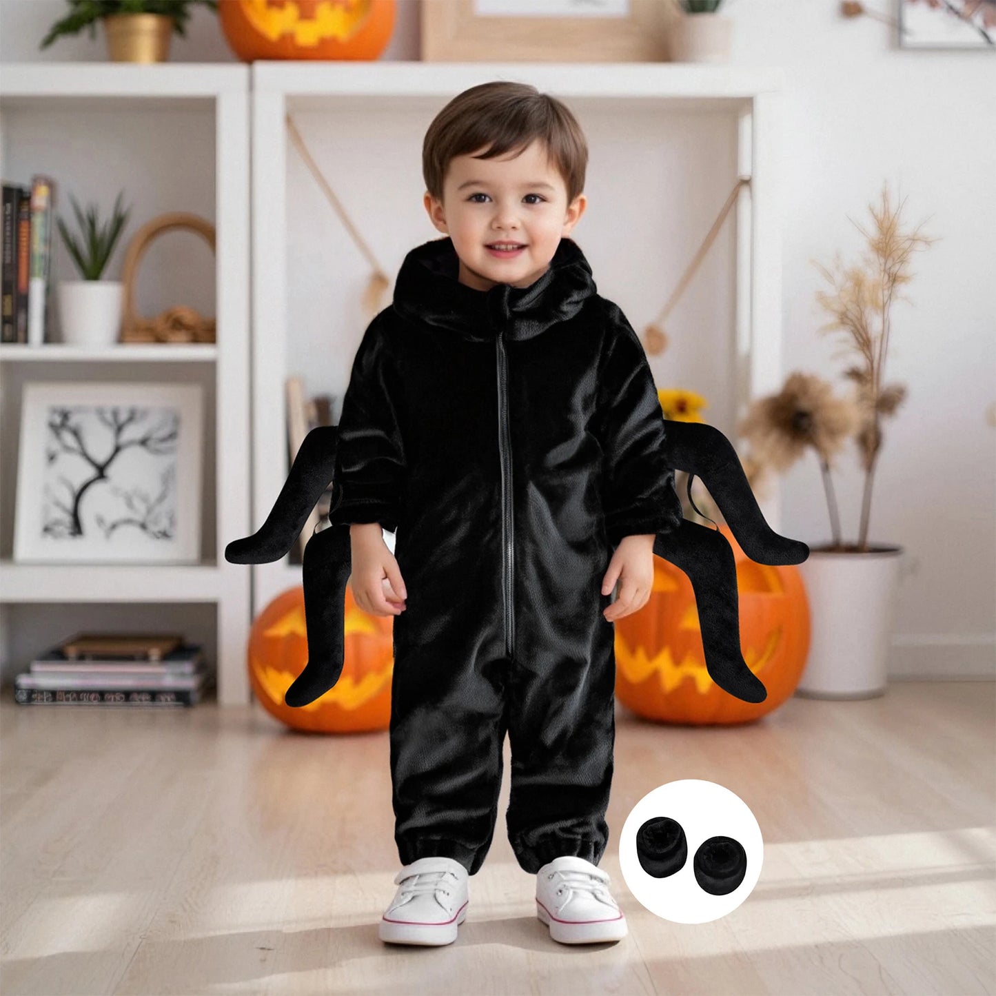 Baby Spider Costume Creative Halloween Zipper Up Cosplay Hooded Jumpsuit with Foot Covers for Party