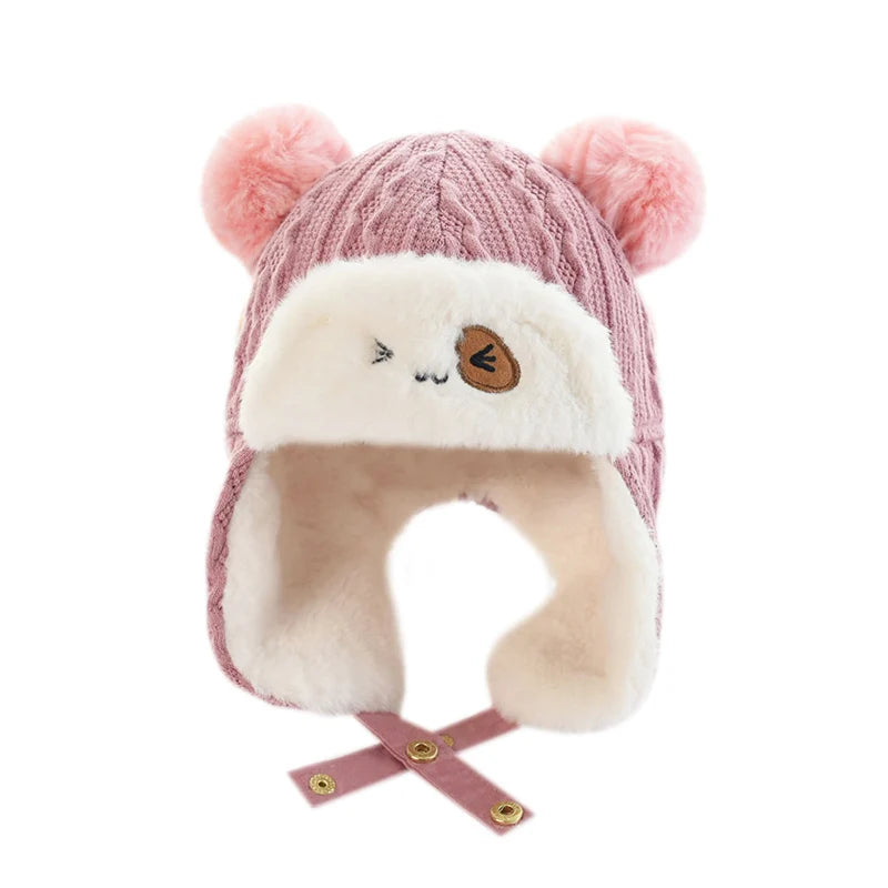 Cute Baby Plush Hat Autumn Winter Warm Cap Infant Boys Girls Bonnet Cartoon Solid Kids Warm Earflap Hat Toddler Accessories