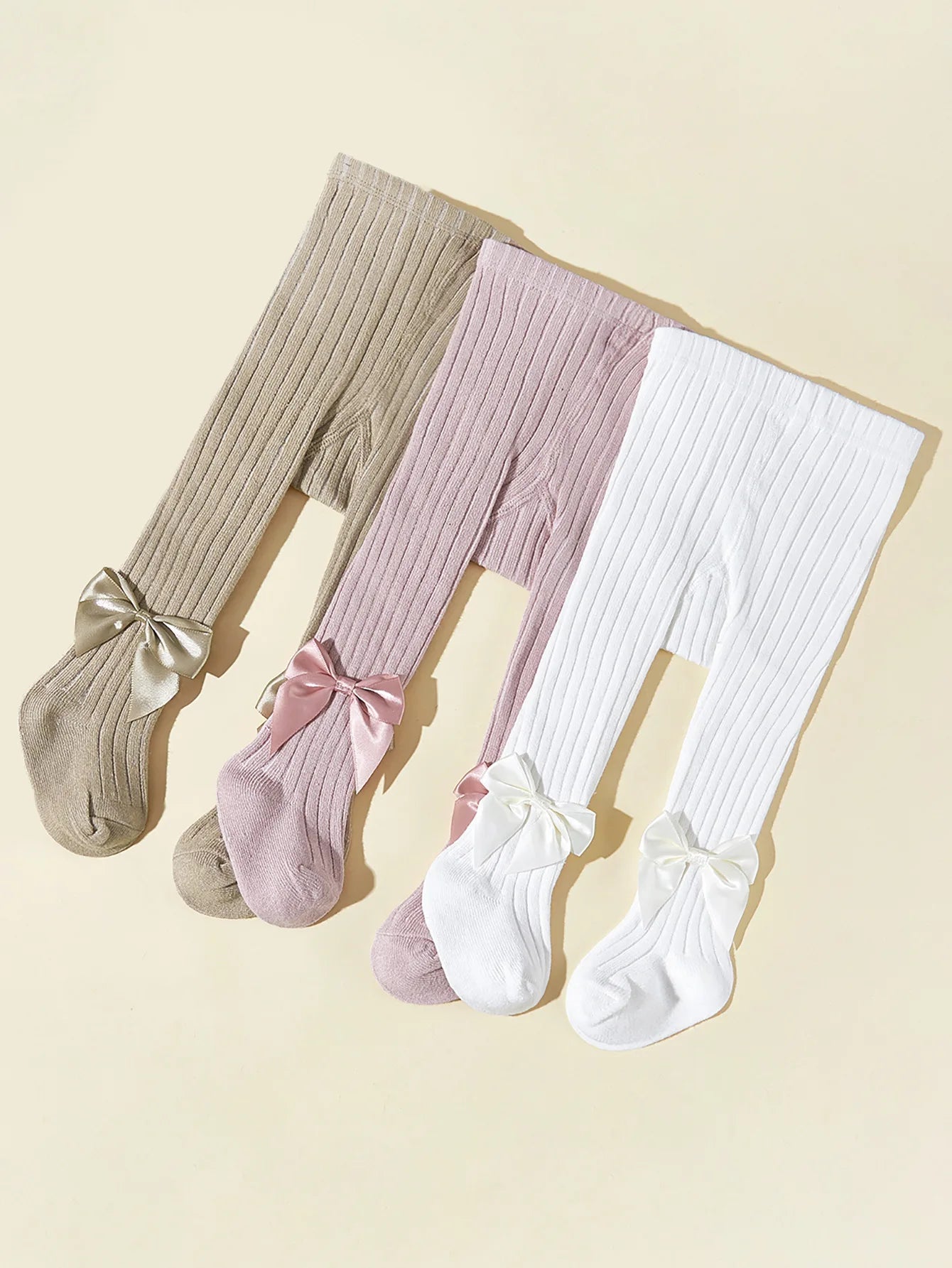 3pcs Baby Girl'S Solid Color Ribbed Knit Tights with Bow Accents Autumn/Winter Infant Leggings, Baby Girl Outfit, Playful Bow