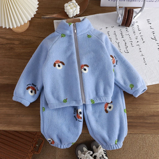Toddler baby autumn and winter plus velvet thickened set cartoon children's home clothes shaking and brushed children's set