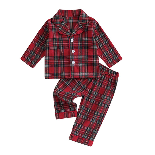 Pudcoco Kids Baby Girl Boy Christmas Pajamas Set Plaid Button up Long Sleeve Shirt and Elastic Pants Loungewear Sleepwear 6M-7T
