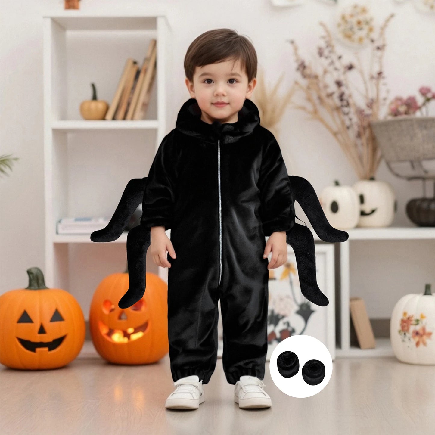 Baby Spider Costume Creative Halloween Zipper Up Cosplay Hooded Jumpsuit with Foot Covers for Party