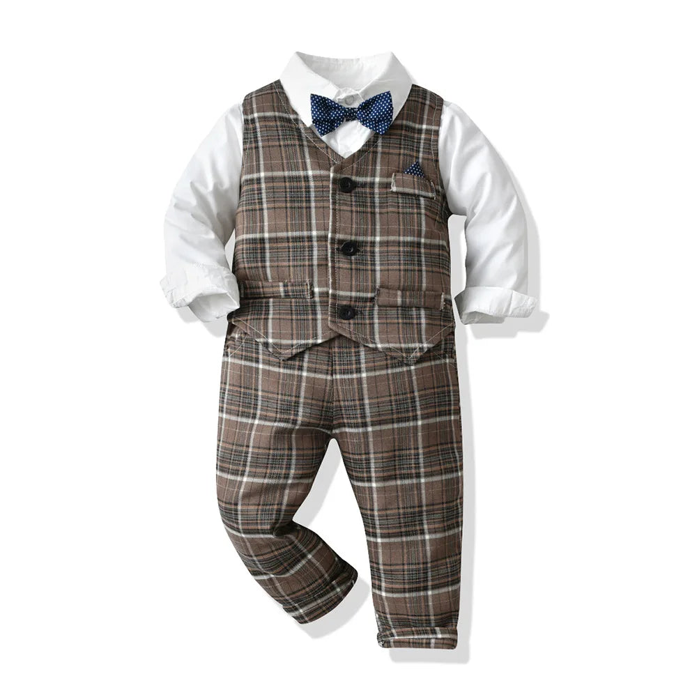 Korean Boy Autumn Plaid Vest+White Shirt+Trousers Suit Children Clothing Baby Boy 2-10 Years Old Suit Kids Boy Clothes 70-130cm