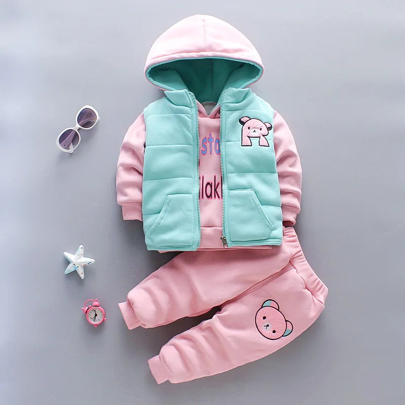 2023 Winter Baby Boy Clothes Sets Autumn Cotton Thick Warm Hooded Sweater Cartoon Cute Bear Three-Piece Baby Girl Suit 0-5Y