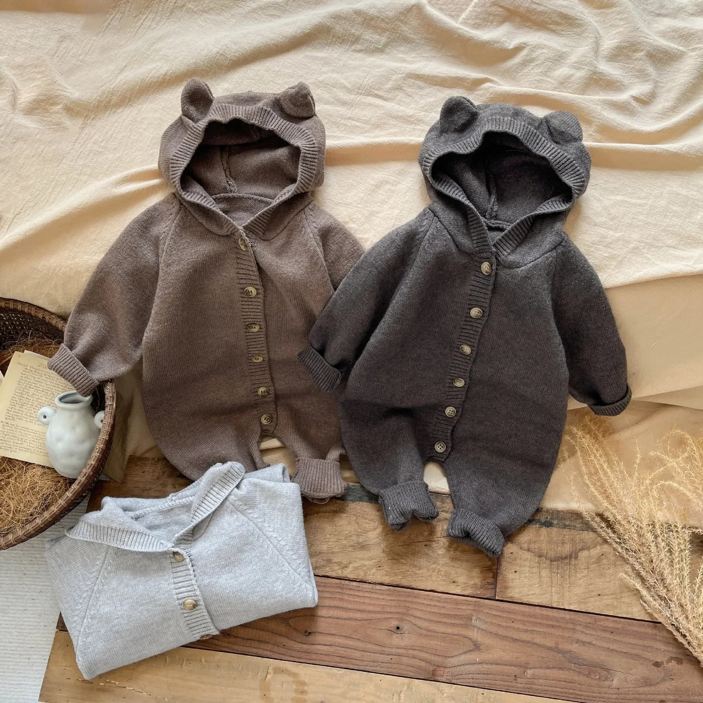 4621 Baby Clothes 2024 Autumn Knitted Cartoon Boy's Jumpsuit Cute Rabbit Ear Girl's Climbing Clothes