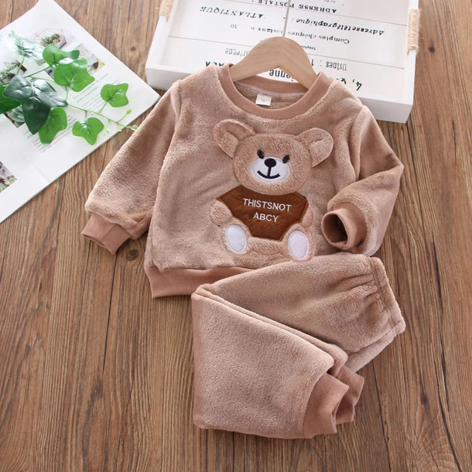 2023 Winter Baby Boy Clothes Sets Autumn Cotton Thick Warm Hooded Sweater Cartoon Cute Bear Three-Piece Baby Girl Suit 0-5Y