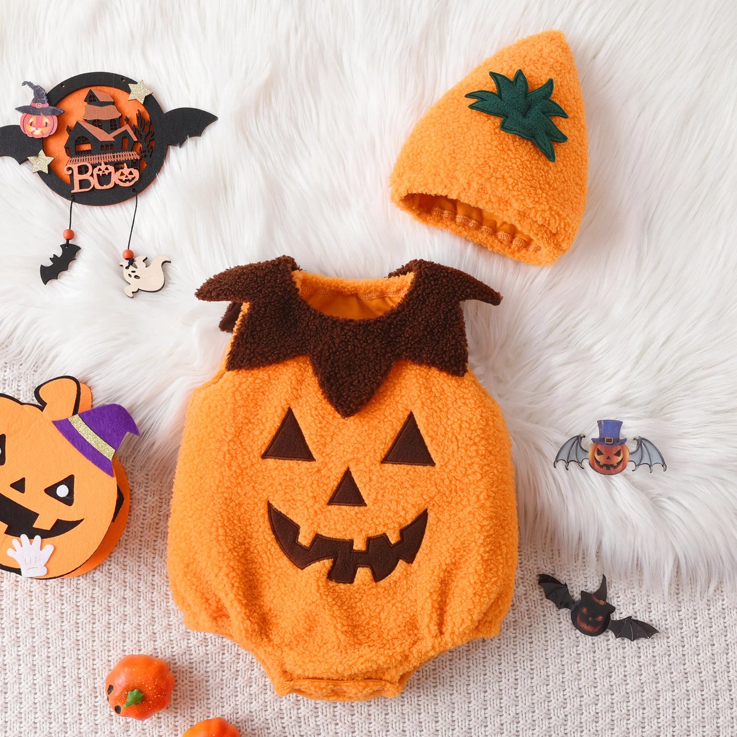 Newborn Baby Boy Girl Halloween Costume Pumpkin Ghost Face Embroidery Romper Hat Infant Halloween Pumpkin Photography Clothes