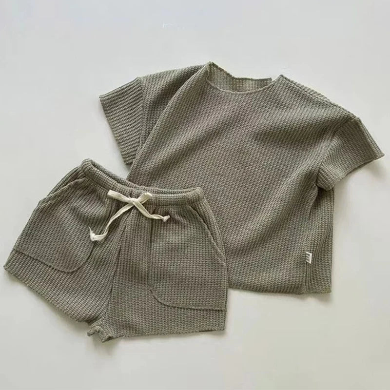2024 Baby Pajamas Set Loungewear Sleepwear Kids Long Sleeve Boy Girl Breathable Cotton Waffer Top and Bottom Children's Clothes