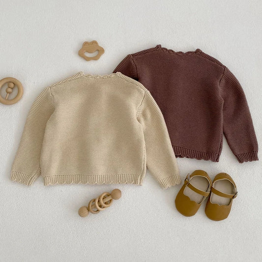 Spring new baby clothing, 0-3 year old boys and girls children's round neck handmade hooked edge clean color knitted sweater