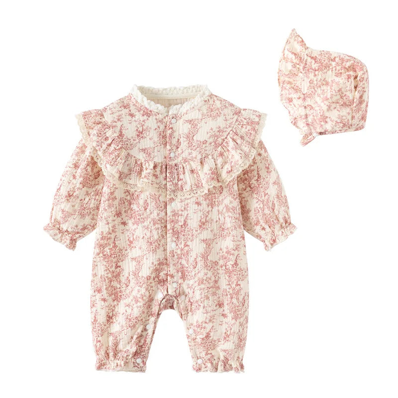 Ink Painting Newborn Baby Girl Jumpsuits Cotton Toddler Girls Onesie Clothes for Spring Autumn Infant Rompers +Hats