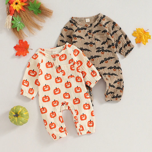 Infant Baby Girls Boys Halloween Romper Pumpkin/Bat Print Cotton Long Sleeve Newborn Baby Girls Jumpsuit Autumn Baby Clothes